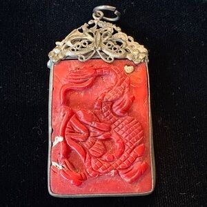 Carved Red Dragon Pendant with Filigree Frame